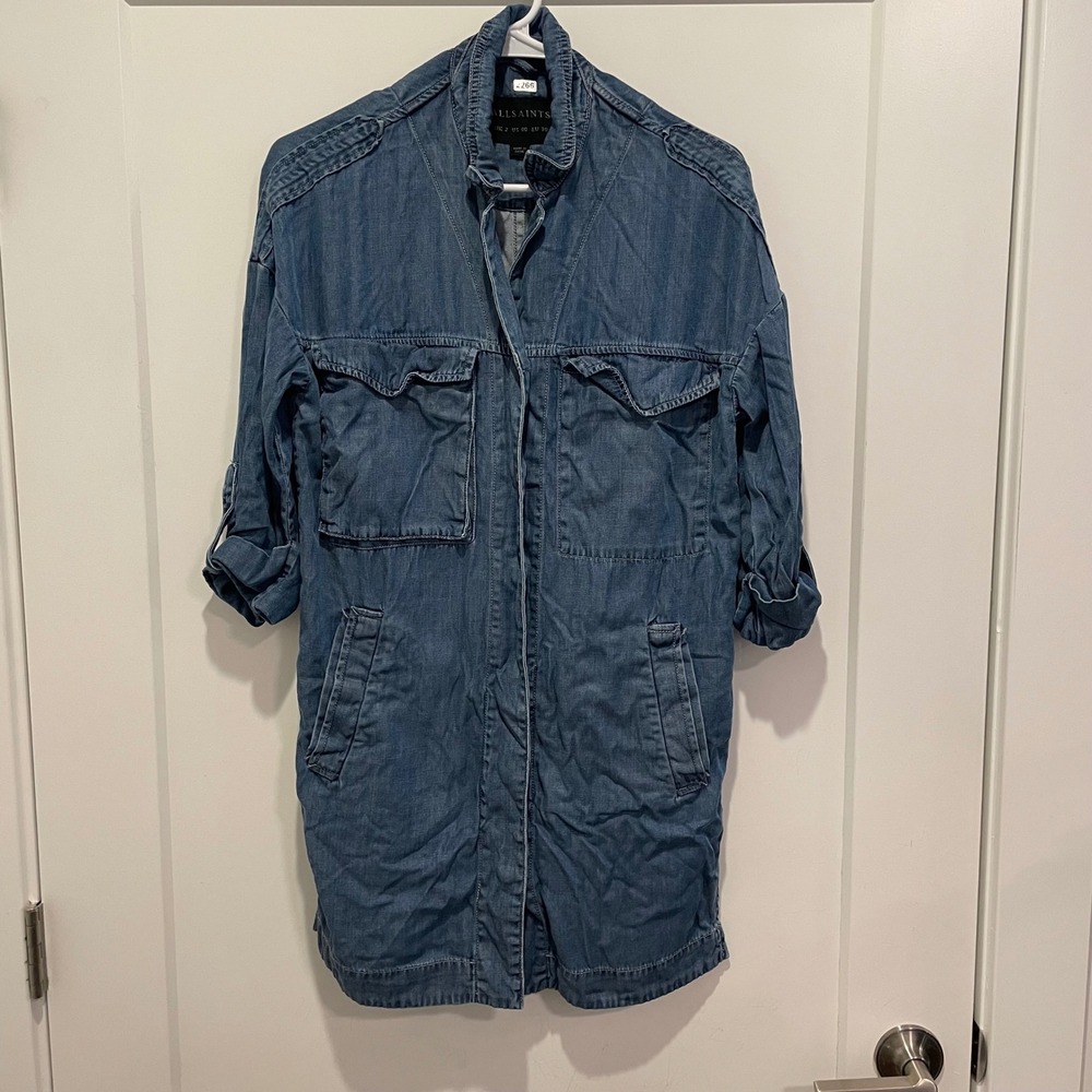 AllSaints Denim Shirt Dress Blue Tencel Cotton Utility Utility Jacket US 00